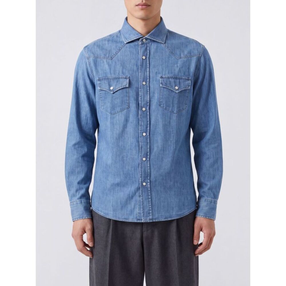 Brunello Cucinelli Men Brunello Cucinelli Cotton Denim Shirt With French Collar